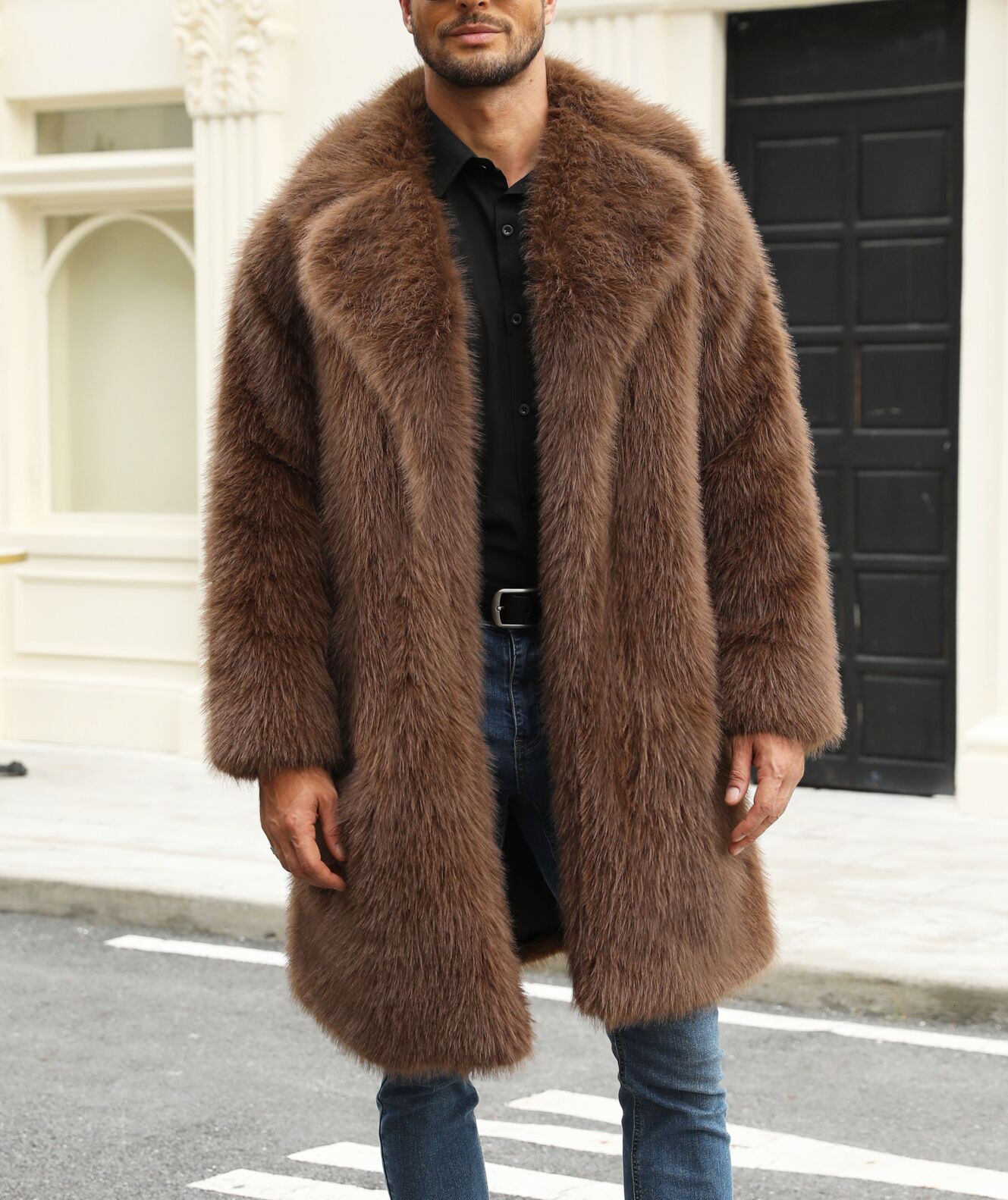 Men Brown Long Fashion New European and American style coat for men, mid-length, British suit collar, warm fur