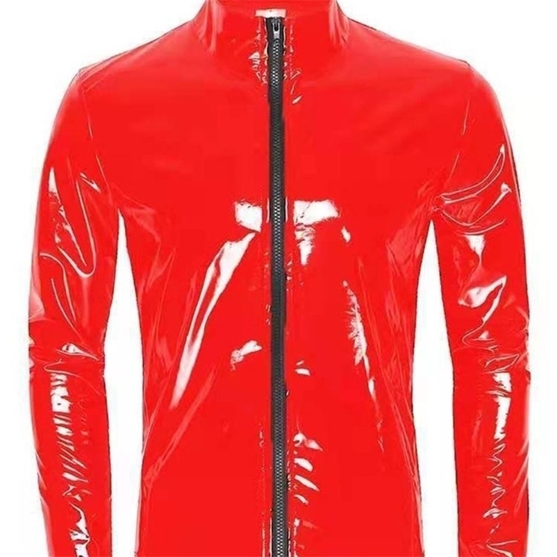 Long Sleeve Wet Look PVC Mens Jackets Coats Shiny PU Leather Tops Tights Sexy Clubwear Windbreaker Streetwear Motorcycle T Shirt 260917