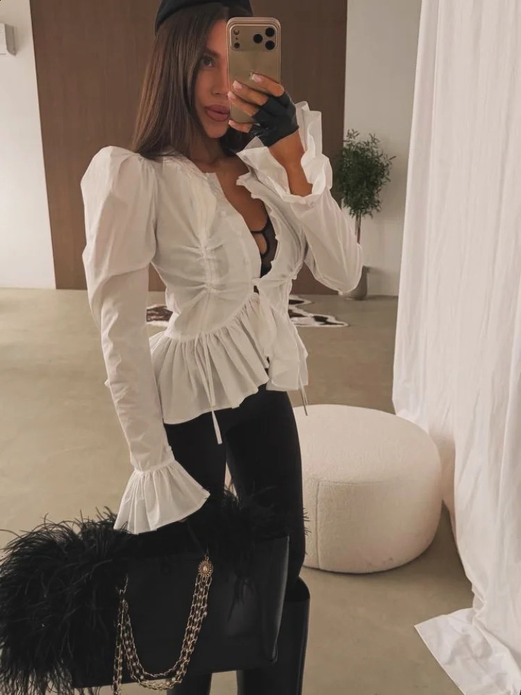 Fashion Women's Shirt Flare Sleeve Single Breasted Ruffle Hem Solid Female Shirts 2026 Spring Summer Elegant Chic Lady Top 260917