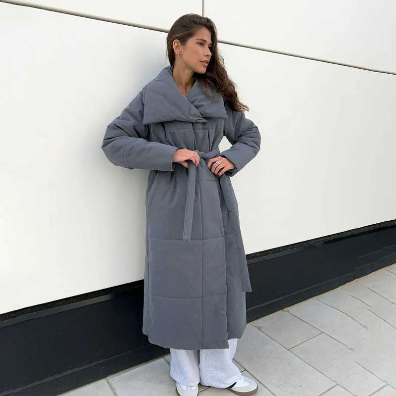 Women Long Coat Parkas Thick Warm Jackets Turn Down Collar Lace Up Jacket Solid Full Sleeve Pocket Casual Office Lady Winter H260917