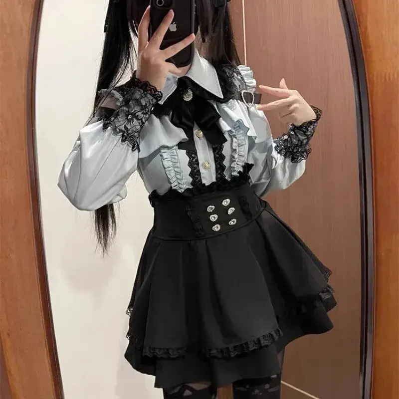 Urban Sexy Dress Womens Lolita Set Dark Femme Mesh Top Waist Cinching Skirt Autumn Japanese Street Style Coord For Gothic Baddie bodycon Fashion Wom