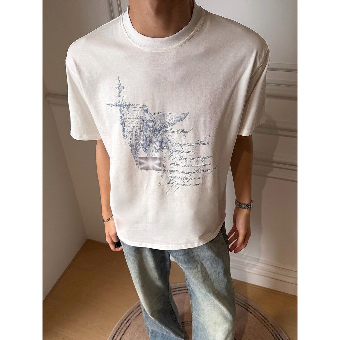 Summer men's plus size top 100% pure cotton chic top high-end loose men's short-sleeve T-shirt