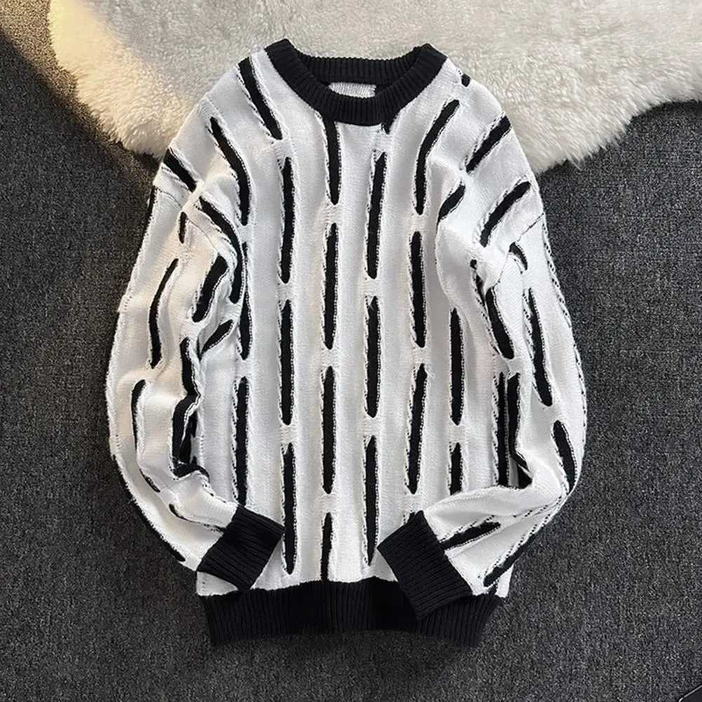 Ribbed Collar Sweater Men's Fall Winter Contrast Color Round Neck Knitted Sweater Loose Fit Pullover for Wear School for Comfort S260918EDAB