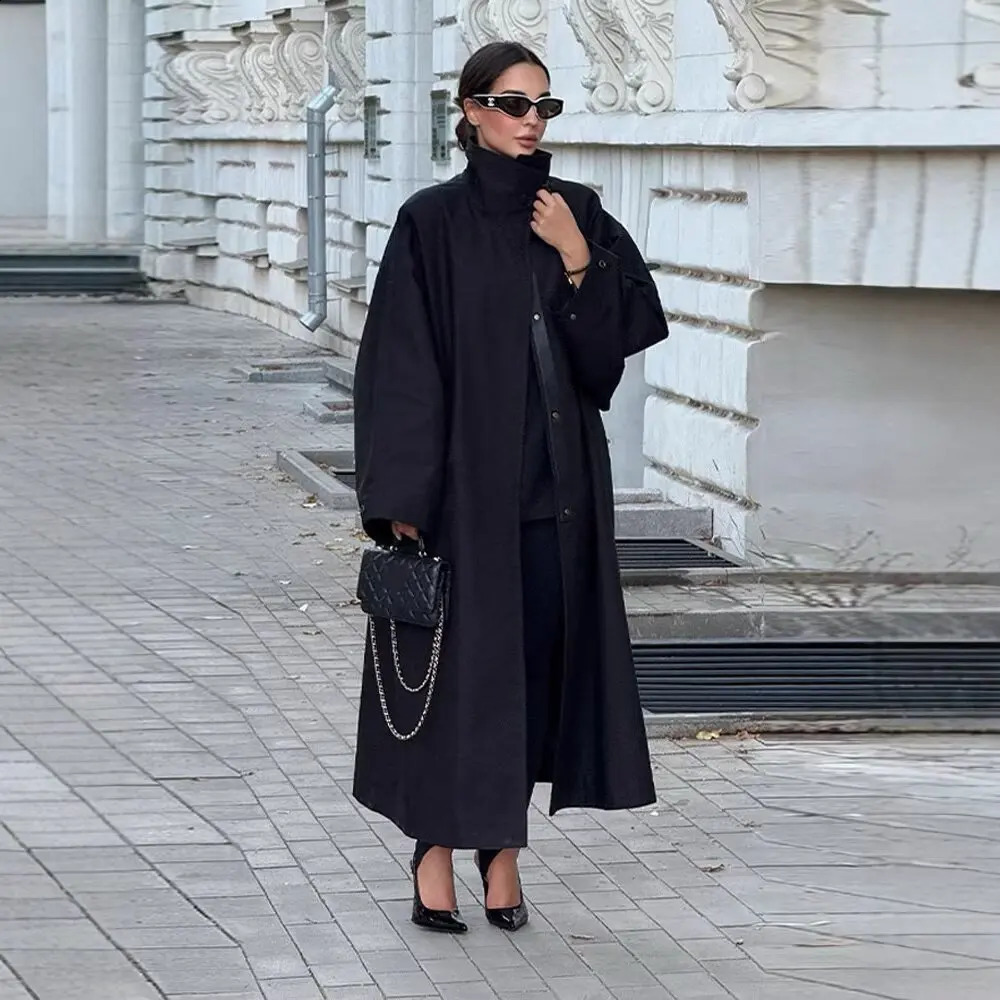 Black Stand Collar Trench Coat Women Casual Long Sleeve Single-breasted Loose Windbreaker Lady Autumn High Street Outwear 260917