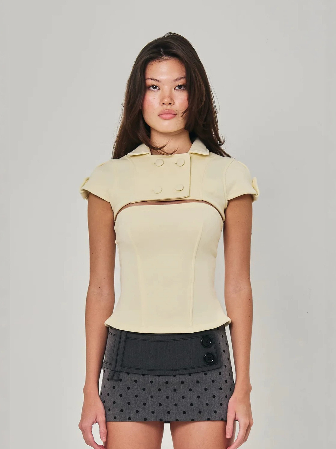Cross-border design, faux two-piece, double-breasted, short-sleeved, casual, solid-color, minimalist, hollow-out, slim-fit T-shirt for women a0