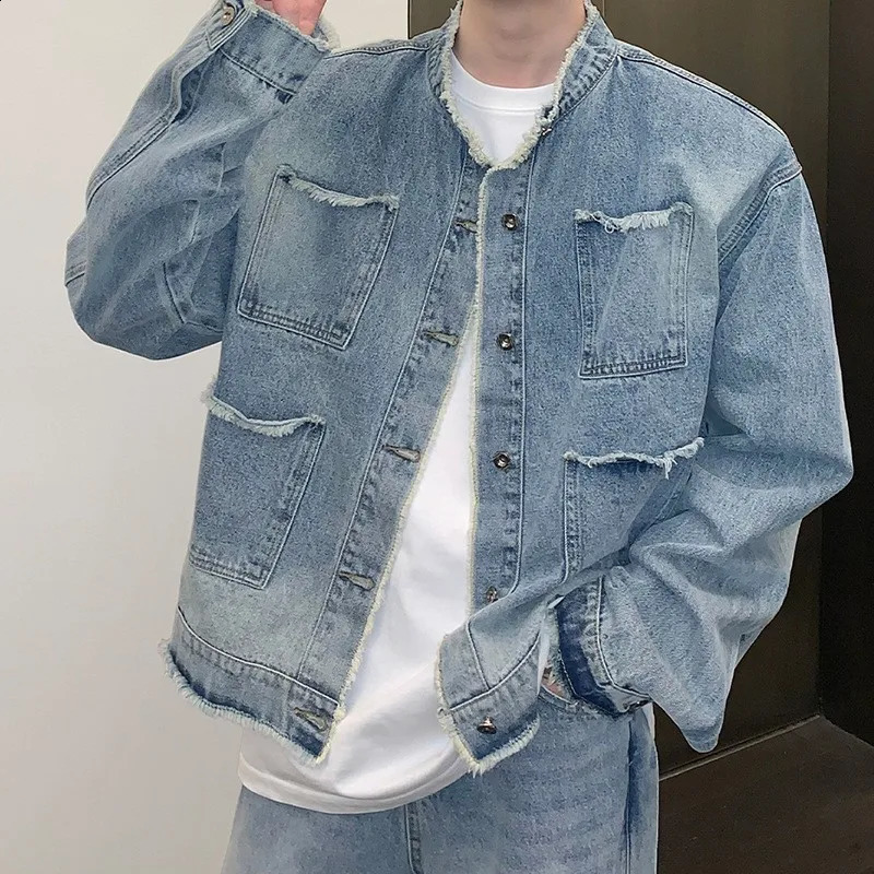 High Street Men's Denim Jackets Casual Washed Streetwear Ripped Stand Collar Texture Korean Harajuku Retro Long Sleeve Coats 260917