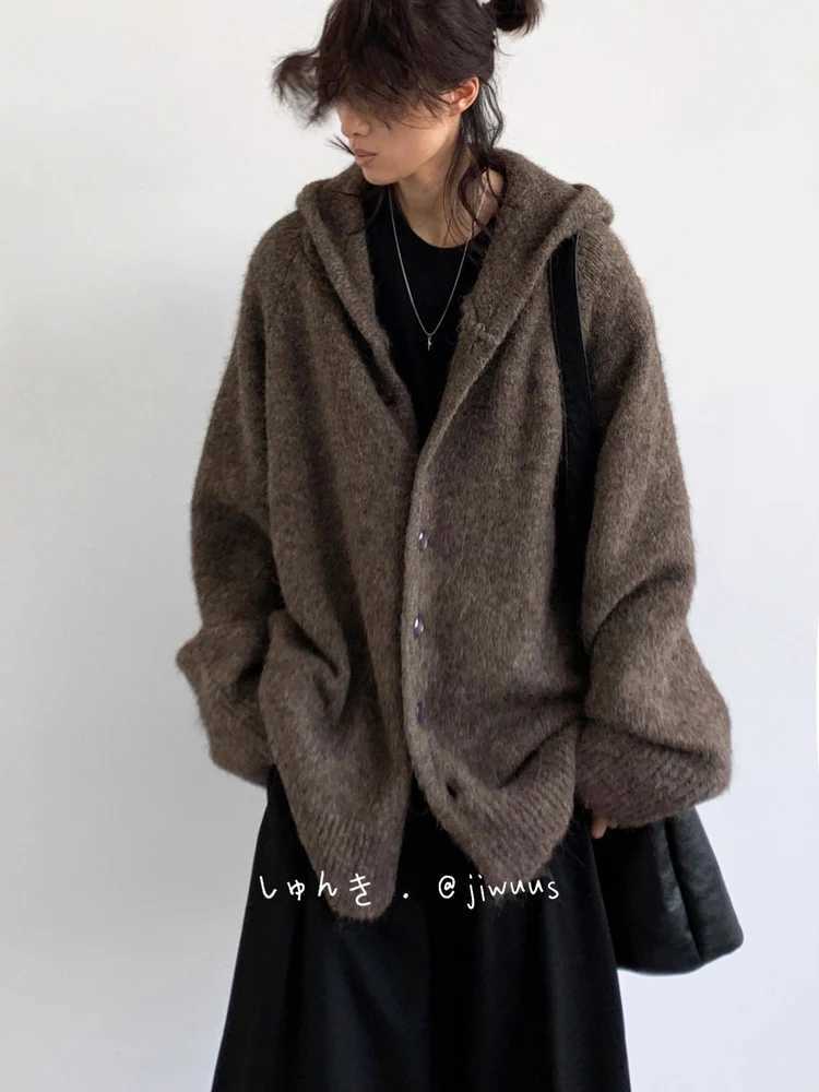 Autumn Winter New Japanese Retro Unisex Hooded Knitted Cardigan Men and Women Casual Loose Bottoming Tops Warm Jackets Chic S2609186XMP