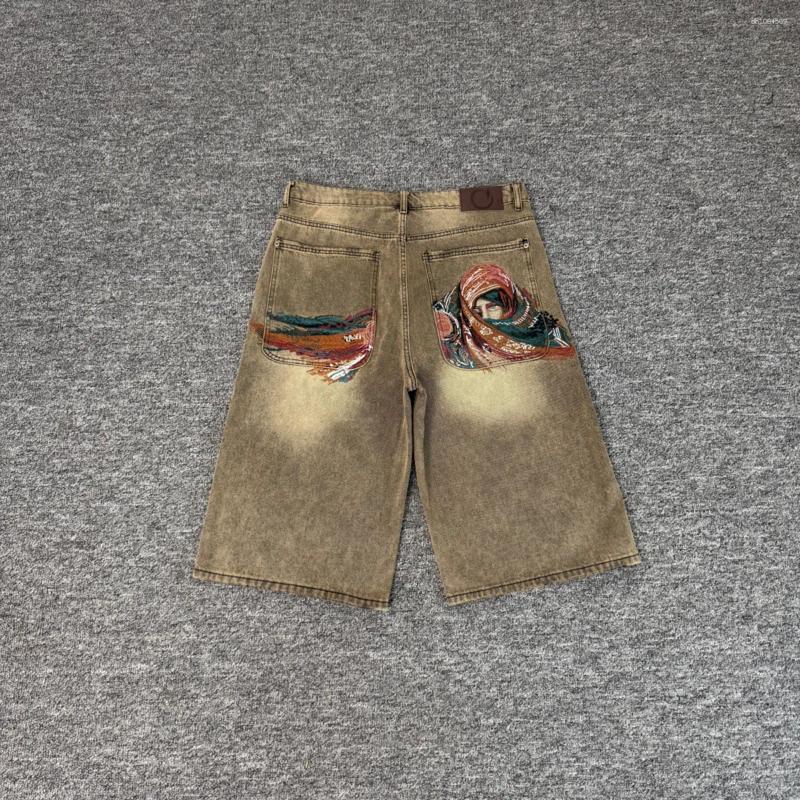 Men's Shorts Masked Embroidered Flowered Jens For Men And Women High Street Washed Baggy Casual Five Point Denim Pants