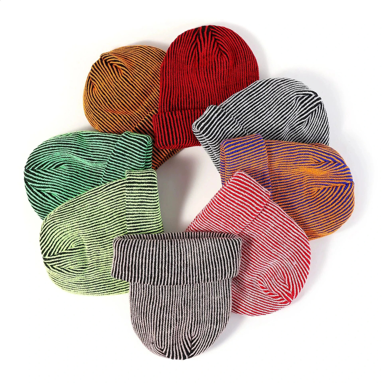 Two-Tone Striped Beanie - Unisex Knit Winter Hat Stretchable Soft Warm Skull Cap for Men Women Trendy Contrast 260917