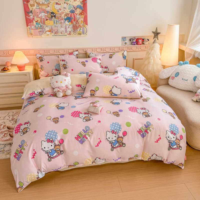 Ensembles de literie Kuromi doux pour la peau coton nuage KT chat trois-quatre pièces ensemble Sanrio dessin animé drap de lit housse de couette