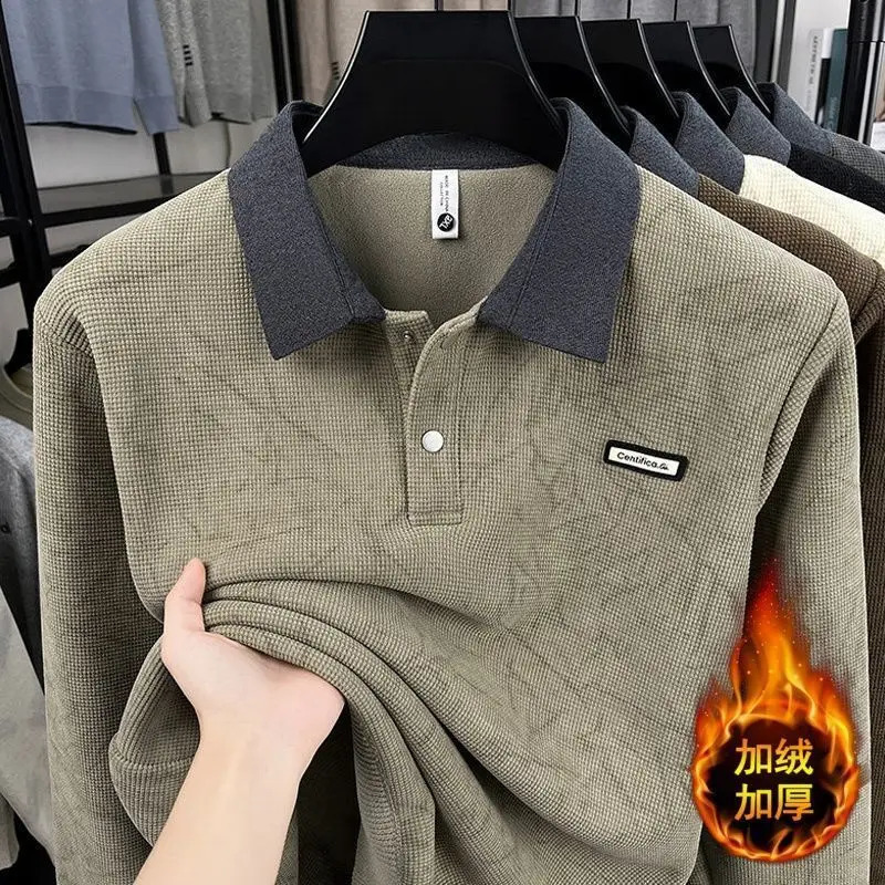 2026 Winter Lapel Sweater Large Size Loose Fleece Thickened Long-sleeved T-shirt Top Men's Polo Shirt Men Clothing 260917
