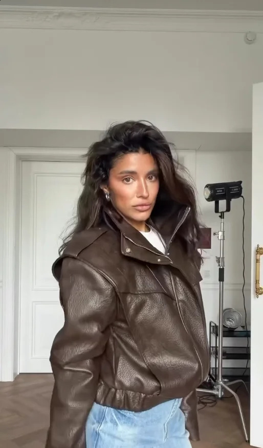 Faux Leather Cropped Biker Jacket Women Stand Collar Shoulder Epaulet Zip Button Long Sleeve Oversized Shoulder Street Outerwear 260918
