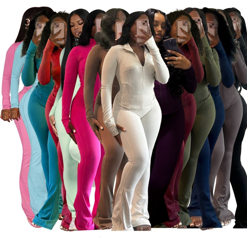 Plus Size Tracksuits Womens Clothing Sports Leisure Sweatsuit Sexy Tight Two Piece Set Fashion Skinny Long Sleeve Zipper Jacket And Flare Pants Outf