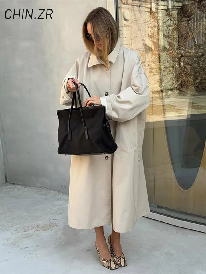 Street Stand Collar Women's Long Windbreaker Loose Single Breasted Full Sleeve Pockets Trench Coats 2026 Autumn Commute Outwear 260917