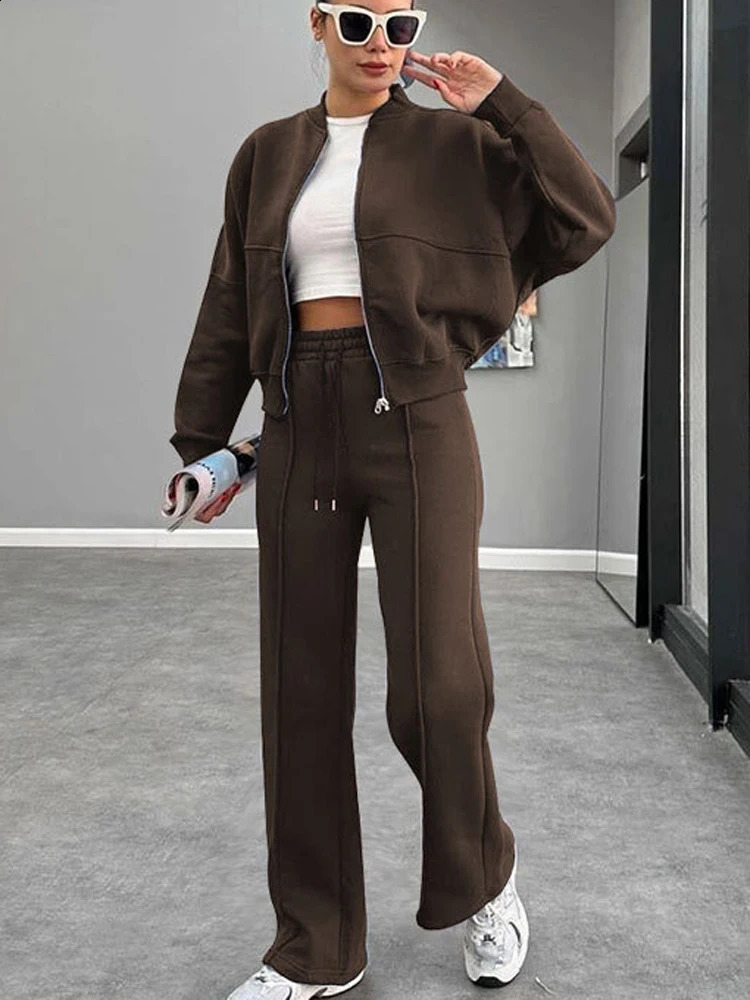 FSMG Casual Sweatshirt Pants Set Solid Zippers Jackets Loose High Waist Lace-up Elastic Waist Trousers Suits Sportswear 2 Pieces 260917