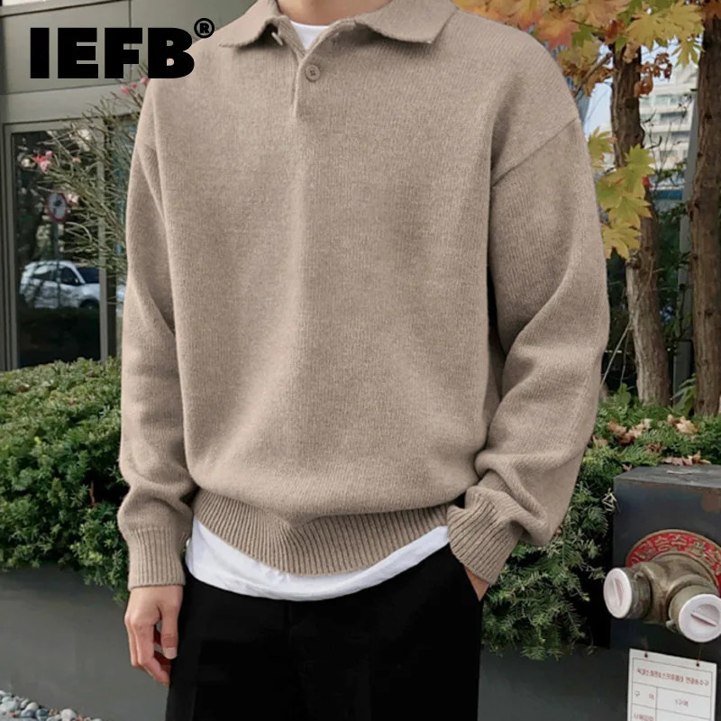 IEFB Korean Chic Mens Lapel Pullovers Autumn Winter Loose Long Sleeve Sweater Vintage Kinttwear Knitting Tops 9D1236 260918
