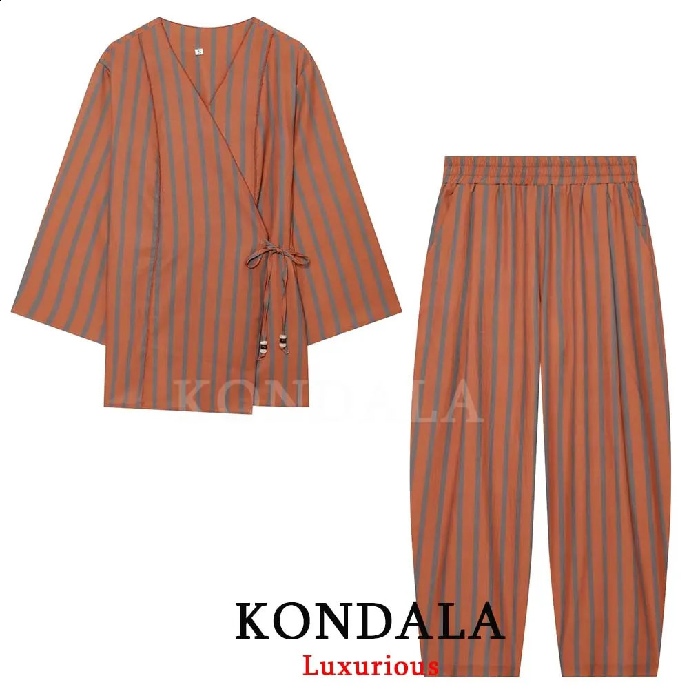 KONDALA Casual Chic Striped Women Suit VNeck Long Sleeve Laceup Straight Top Loose Pants Fashion 2026 Autumn Holiday Sets 260918