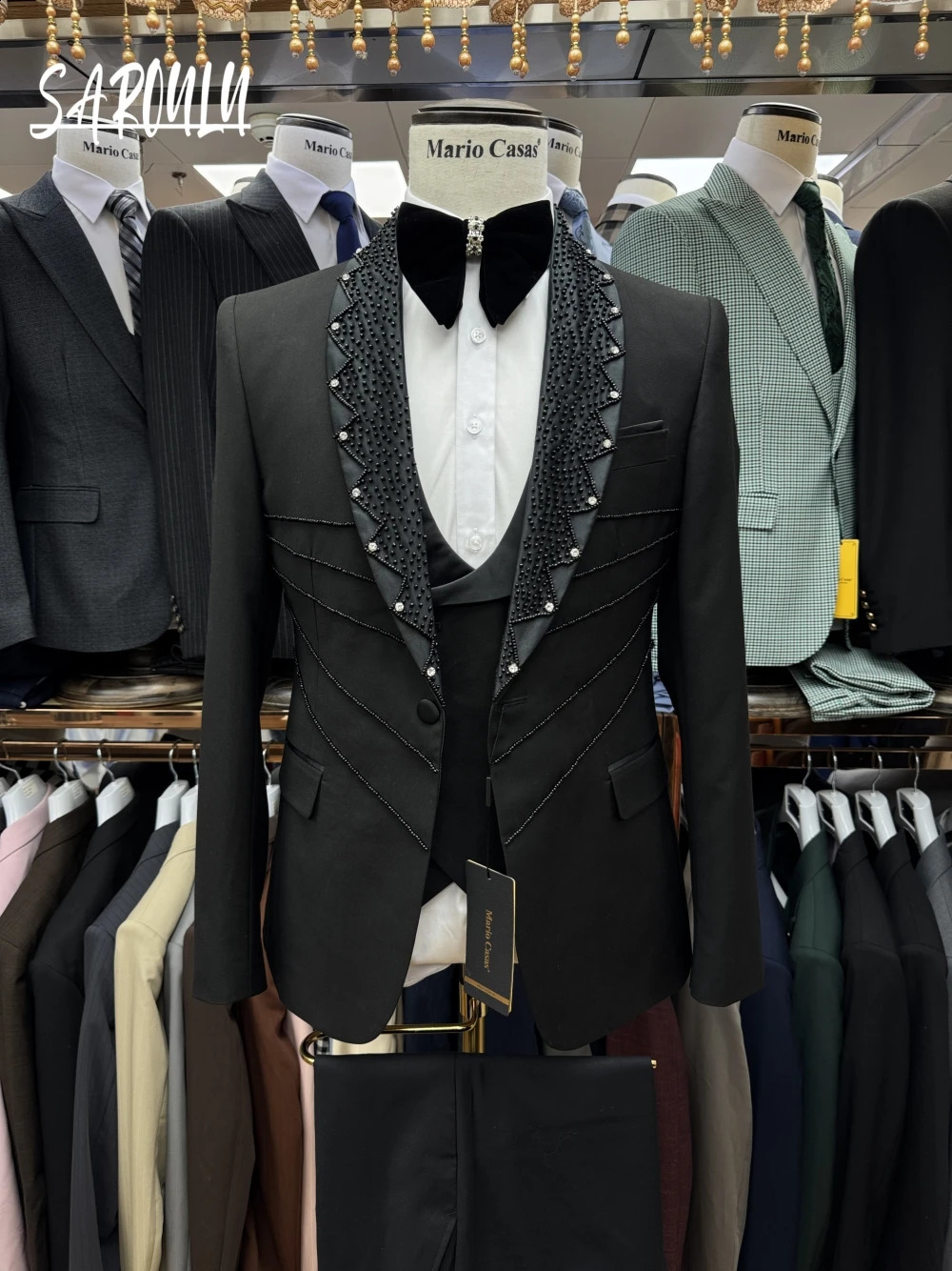 Charming Black Beaded ious Mens Suit Customized Celebrity Groom Wear Decent Jacket Vest Pants Date Set 260918