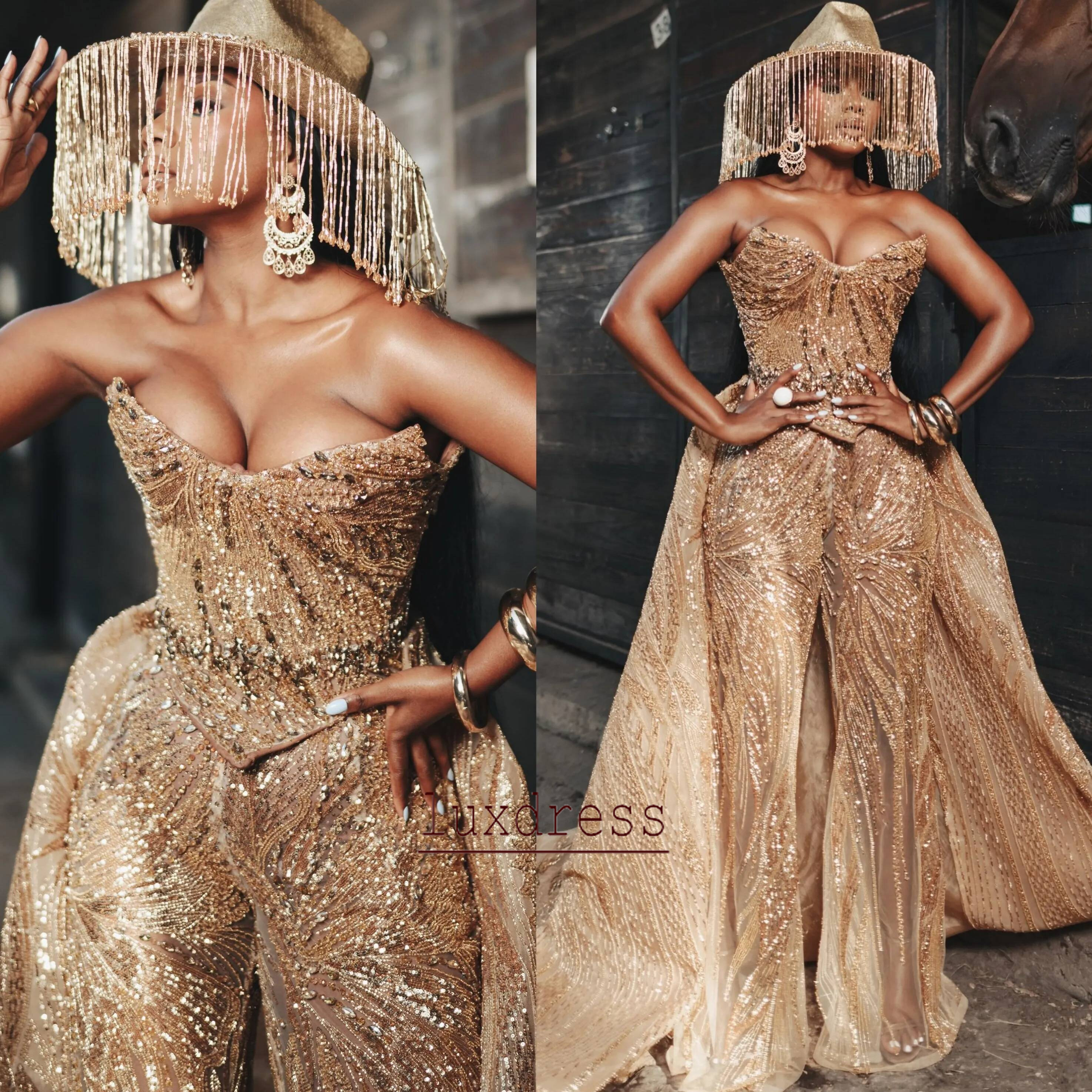 Aso Ebi Gold Mermaid Jumpsuits Prom Dress Beaded Crystals Detachable Train Evening For Black Women Birthday Party Formal Reception Gowns Dresses