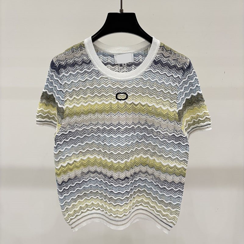Rainbow Striped Gradient Pullover Women Short Sleeve Loose Knit Embroidery Street Sweater Fall Color Blocked Chic Brand Jumper