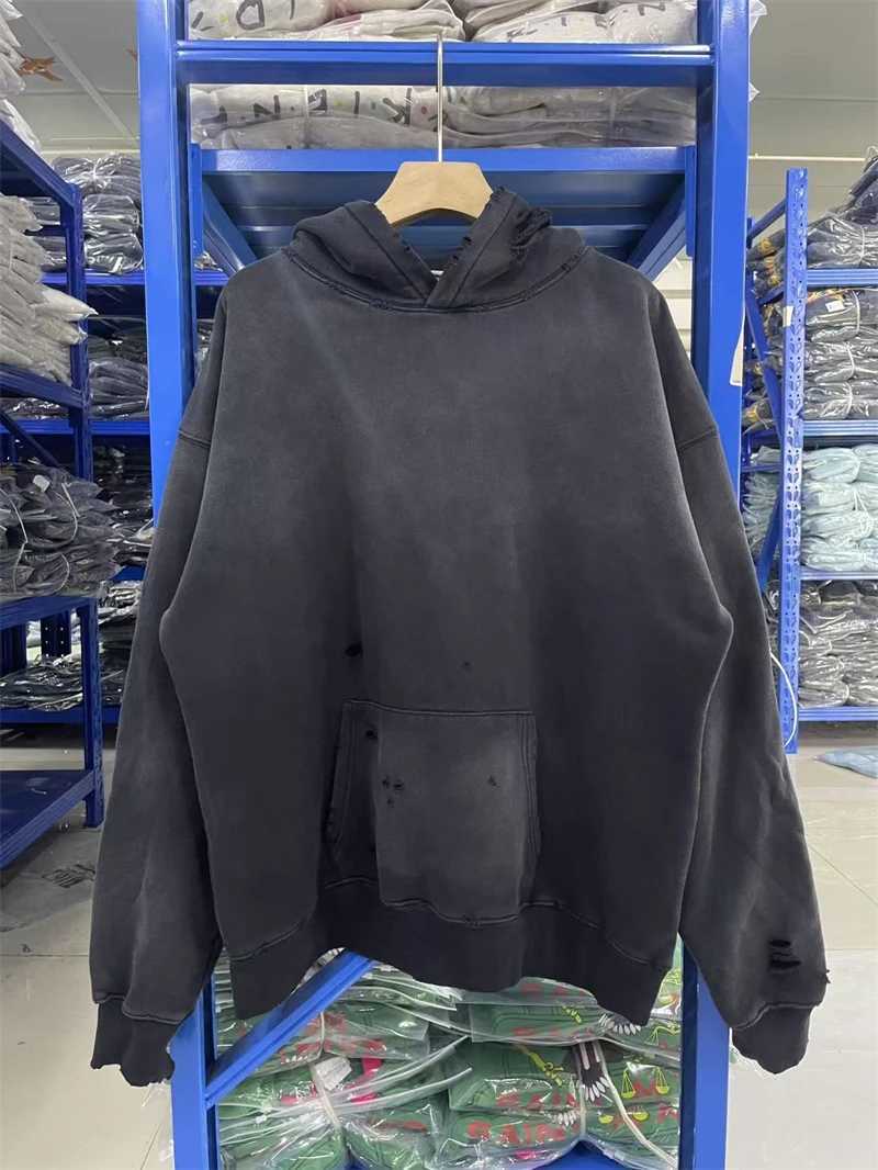 New VTG Saint Letter Print Washed Hoodie Cotton Casual For Men Women Hip Hop Oversize High Strt Damaged Hole Strtwear Q260917
