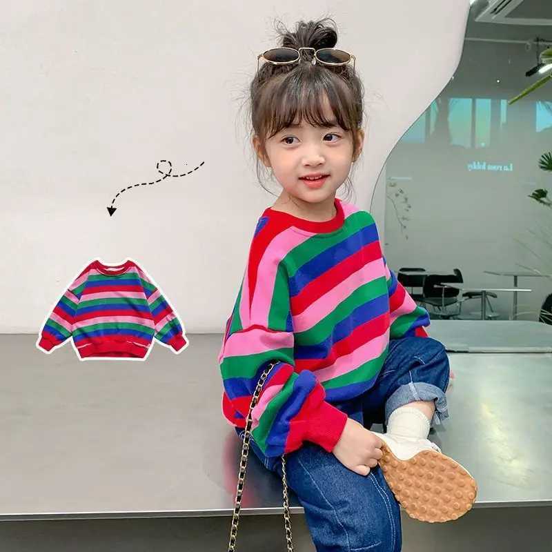 Striped Crewneck Sweatshirt Spring Girls' Autumn Long Sle Loose Fit Versatile Thin Lightweight Outerwear Top New Arrival KidsW260917