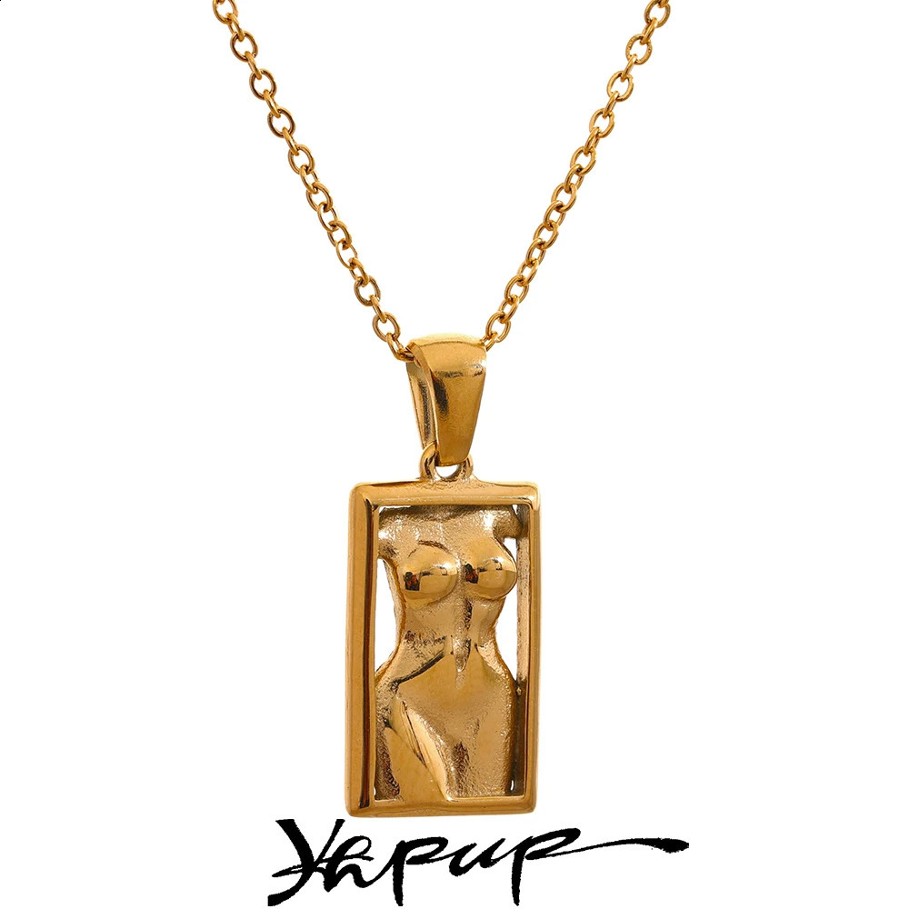 Yhpup Statement Body Square Pendant Stainless Steel Statement Necklace Gold Color Texture Metal Personalized Jewelry 260917