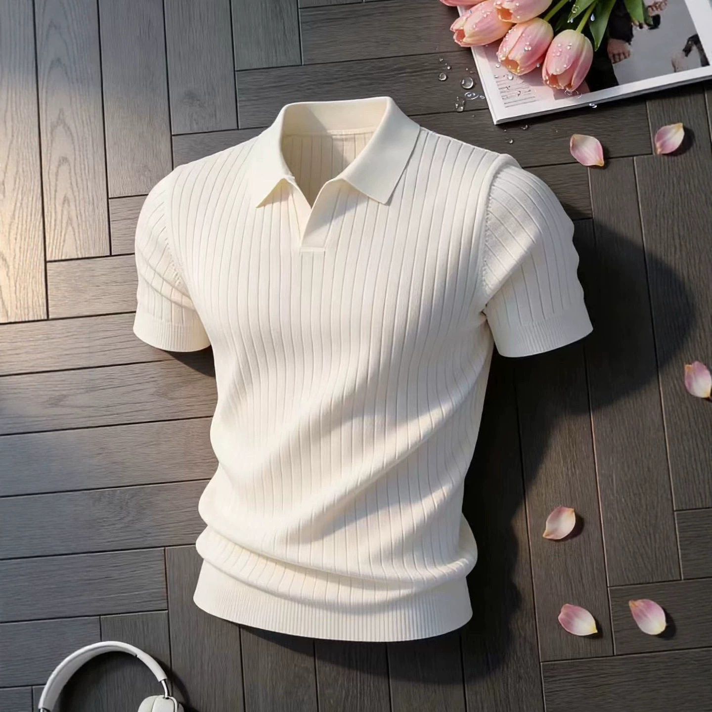 Old Money Style Seagull Collar Knit Short Sleeve Men's Summer Casual Wear, Straight Shoulder Polo Shirt, Wide Shoulder for a Stronger Look, Ice