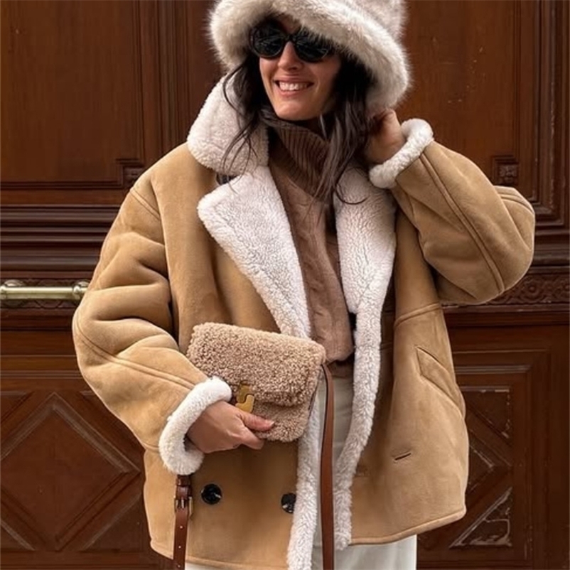 Fashion Lamb Wool Patchwork Suede Jacket Women Lapel Long Sleeve Single Breasted Loose Short Coat Winter Lady Street Outwear 260917