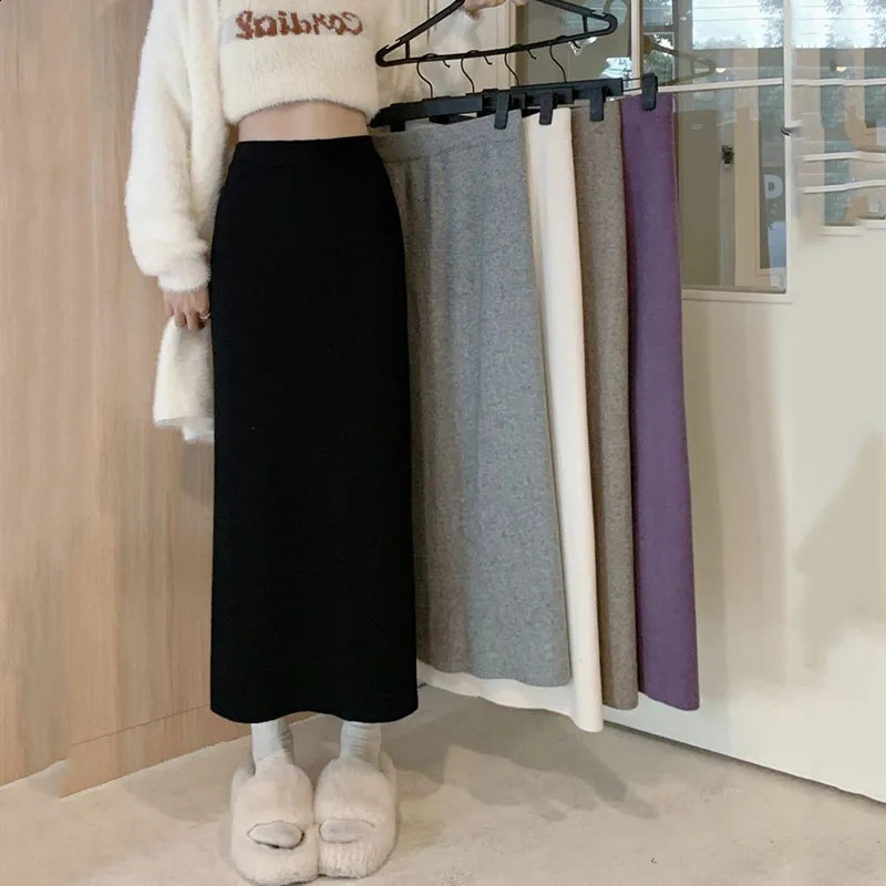 Simple Basic Knitted Skirts Female Korean High Waist Slim Fit Long Pencil Skirt Ladies Solid Color Casual All-Match Midi Skirts 260917