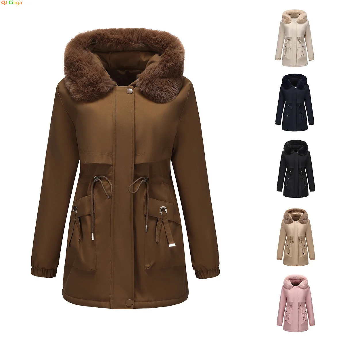 Winter Arrival Womens Dark Brown Hooded MidLength Coat Stylish and Warm Thick Jacket Khaki Black Blue Pink Parkas 260918