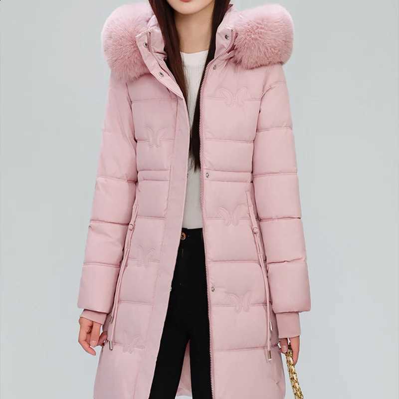 Butterfly Pattern Mid-Long Parkas Women Winter Warm Furry Collar Hooded Parka Jacket Woman Slim Fit Thicken Parkas Female H2609171