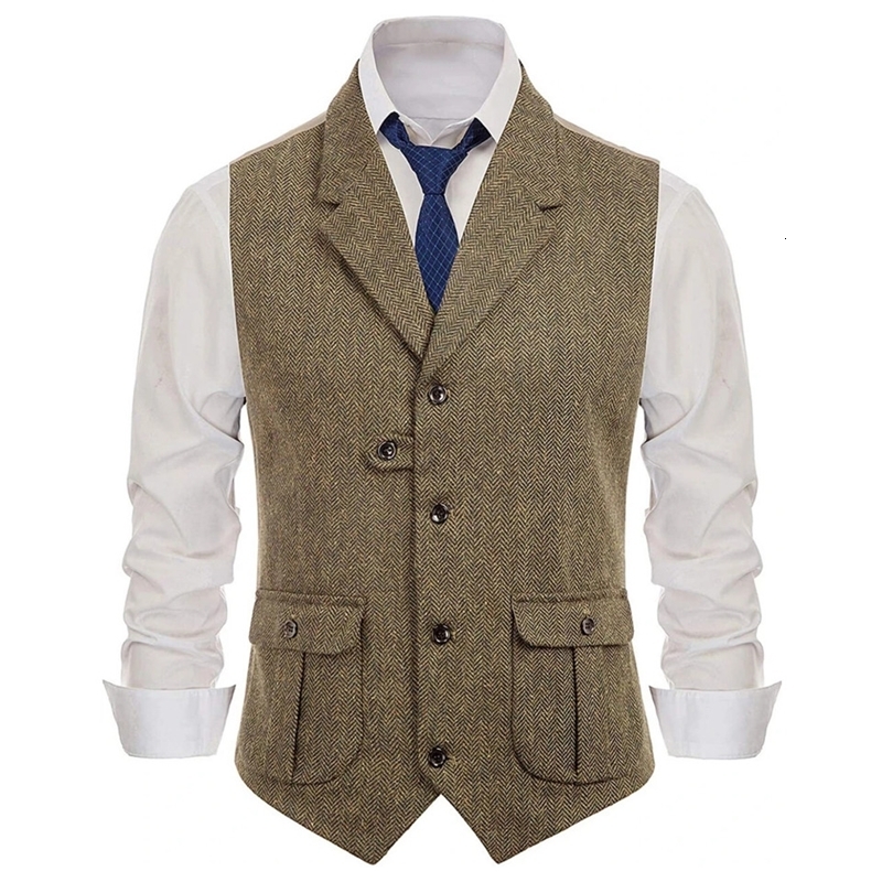 Men Vest Khaki Herringbone Single Button With Lapel Waistcoats For Wedding Banquet Business Office Work Daily Suit y260917