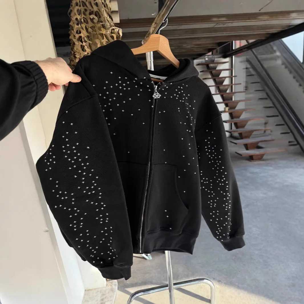 Spring American rhinestone design cardigan zipper sweatshirt men's trendy brand high-end couple casual short gothic jacket S260918HZU8