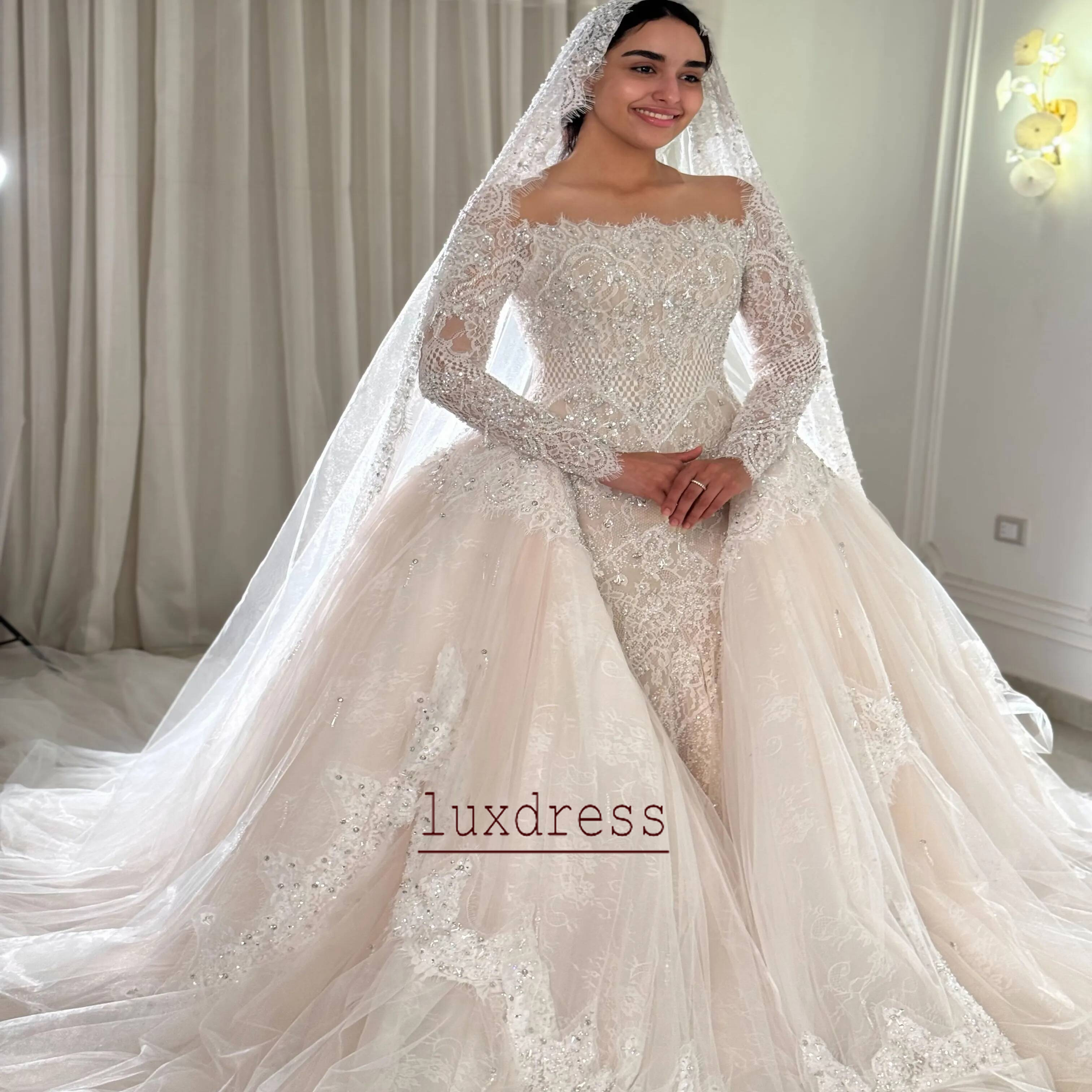 Vintage White Ivory Mermaid Wedding Dresses With Detachable Train Beaded Crystals Full Sleeves Lace Bridal Gowns Arabic Dubai Luxury Robes de mariag
