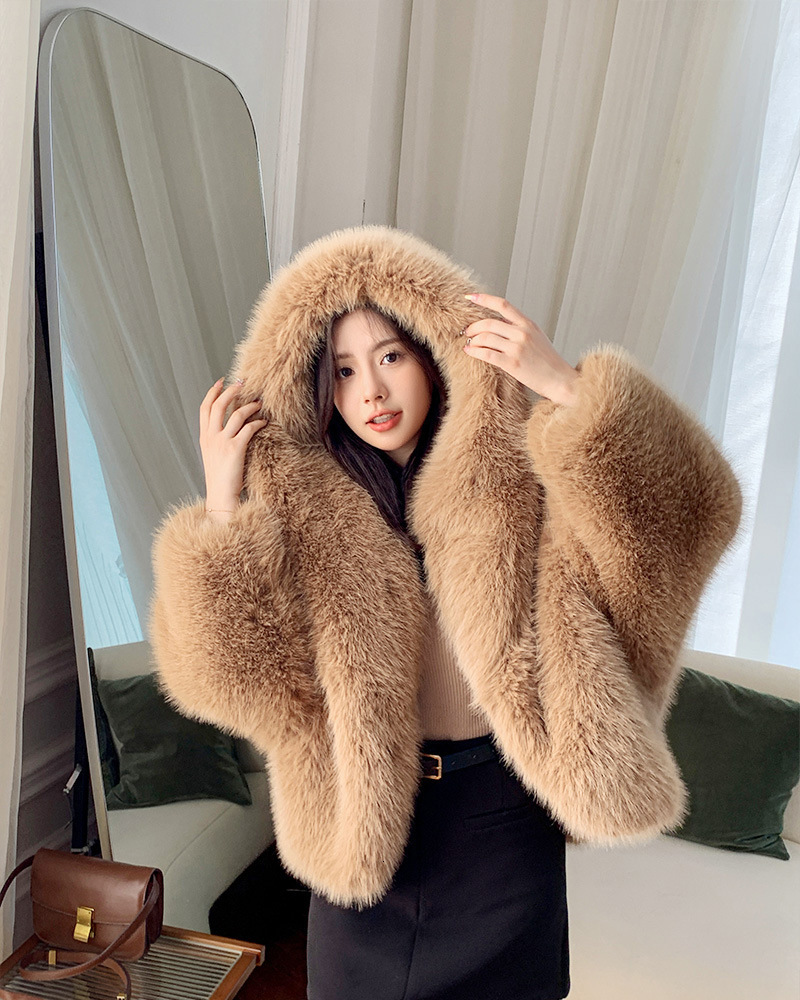 New Trendy Korean Style High End Fluffy Warm Hooded Coat For Women Casual Street Shopping Daily Wear Elegant Outerwear For Weekend Hangout And Simpl
