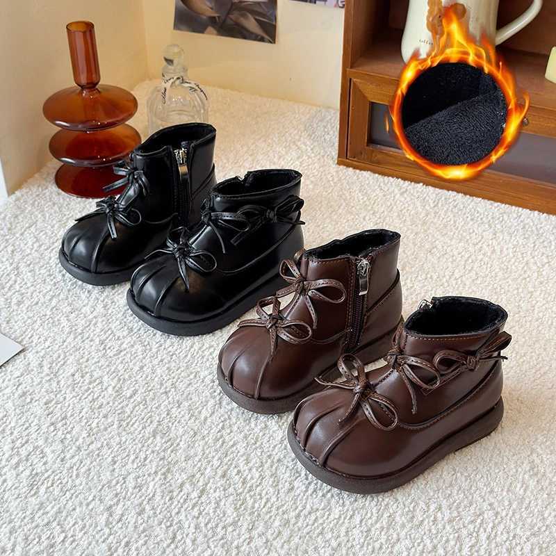 Winter New Girls Retro British style Butterfly Knot with Velvet Warm Snow Boots Children's Leather Boots Kids Thermal Boots X260917