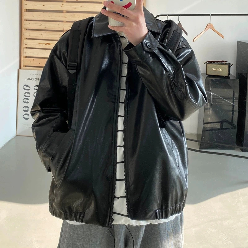 Autumn Street Trendy PU Leather Jacket Casual Textured Locomotive Zipper Turn-down Collar Solid Color Long Sleeve Men's Coats 260917
