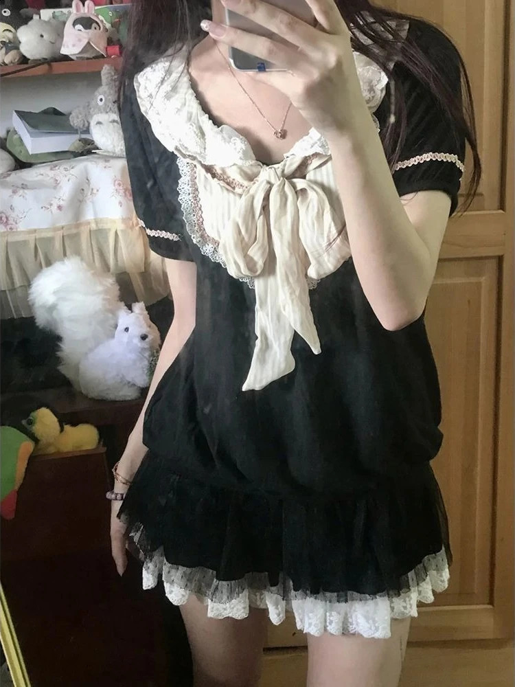 Harajuku 90s Aesthetic Sexy Dress Female Sweet Y2k Slim Gothic Outfits Women Punk Two Piece Vintage Short Sleeve Dress 260917