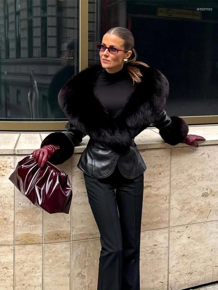 Black Faux Fur Collar Leather Jacket Elegant Lapel V-neck Waist Cinching Long-sleeved Short Coats Lady Winter Commute Coat 2026