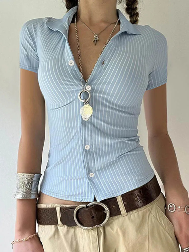 Sweetown Blue Stripe Short Sleeve Shirts For Women Button Up Turn Down Collar Slim Simple Casual Preppy Tops Basic Summer Tees 260917