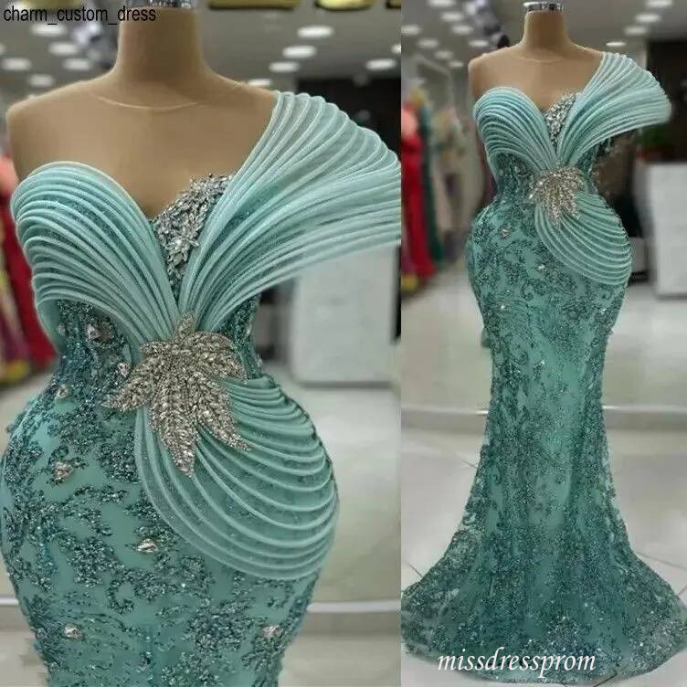 Aso Ebi Mint Green Mermaid Prom Dress Stylish Rhinestones Sheer Neck Sequined High Quality Evening Formal Party Second Reception Gowns Plus Size
