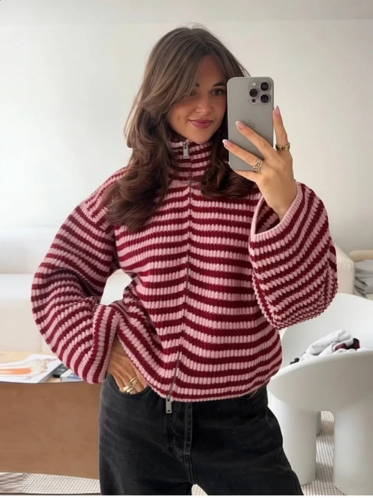 2026 Spring Striped Loose Knit Cardigans Women Casual Turtleneck Zipup Pink Sweater Coat Knitwear Streetwear 260918