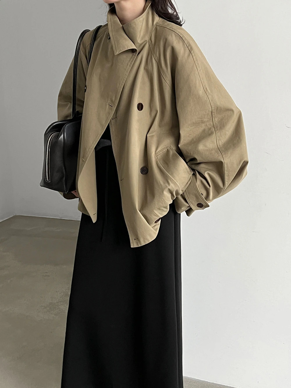 Womens Cropped Trench Coat Asymmetrical Lapel Double Breasted Loose Khaki Elegant Luxe Chic Retro Outerwear 260918
