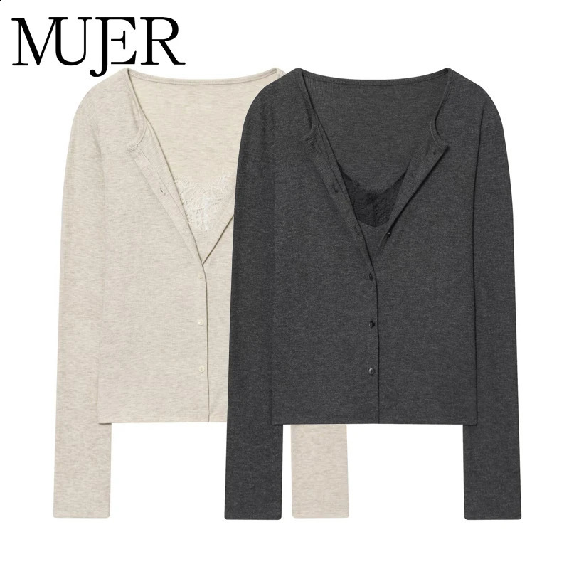 MUJER Lace Cropped Jacket Women Tops Vintage Knit Demi-season Jackets for Women Button up Women's Coats Office Knitted Cardigan 260917