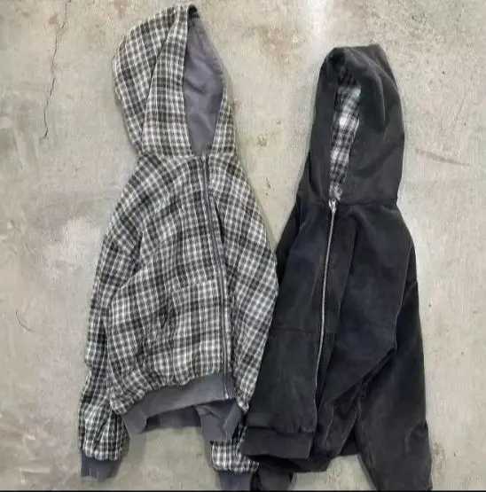 Reversible Plaid American Retro Zipper Hoodie Sweatshirt Mens Womens Casual Plaid Sweatshirt Solid Color Lining Y2K Strt Style S260918DJM2