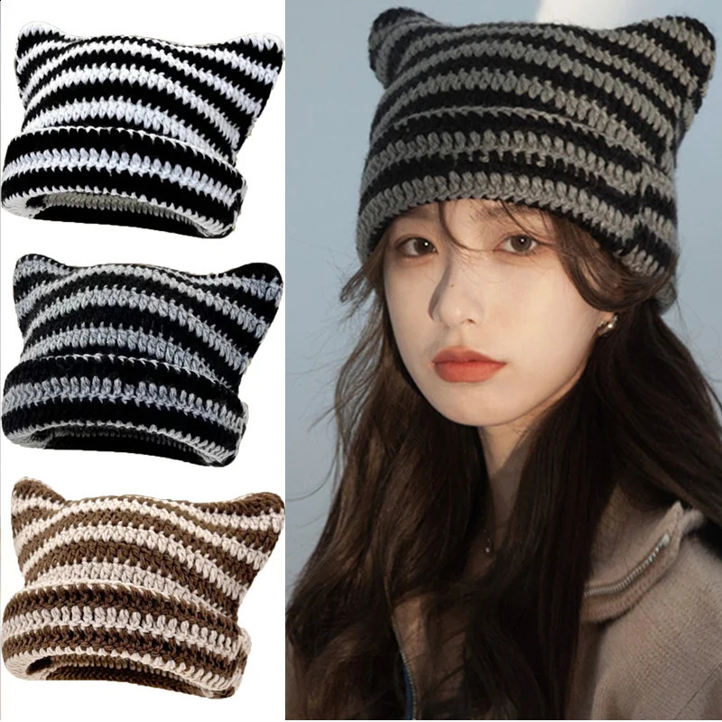 Y2K Knitted Cute Cat Ears Beanie Hats for Women Winter Warm Striped Korean Punk Gothic Streetwear Handmade Crochet Bucket Cap 260917