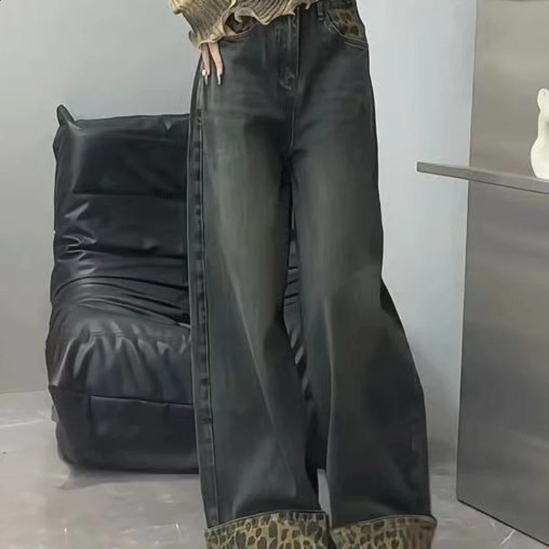 American Vintage Leopard Splice Jean Rolled Edge Button Loose Pocket High Waist Ankle Length Pants Street Style Woman Autumn 260917