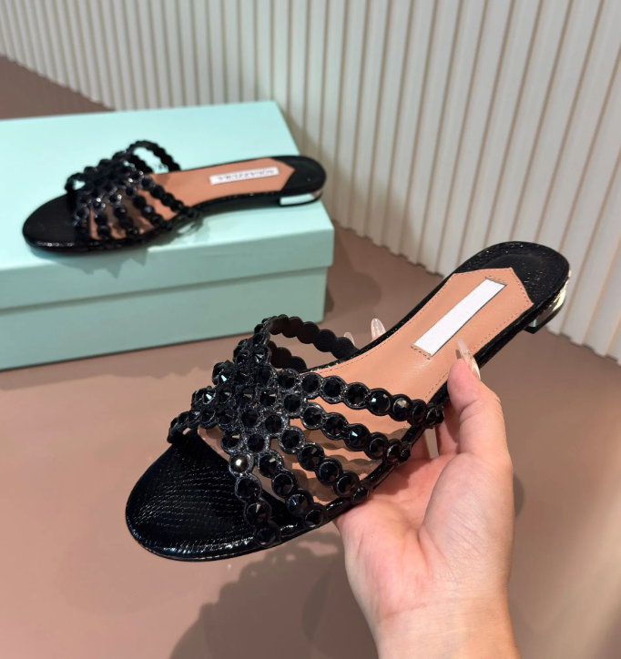 Shoes Women's Crystal Slippers Low Heels Genuine Leather Summer Slides Leisure Luxury Designer Shoes Zapatos De Mujer Size35-43