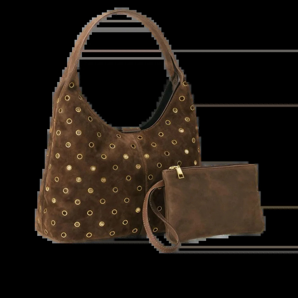 Suede Metal Studded Tote Bag with Matching Wallet Women Hollow Rivet Underarm Shoulder Bag Large Solid Vintage Women Handbag 260915